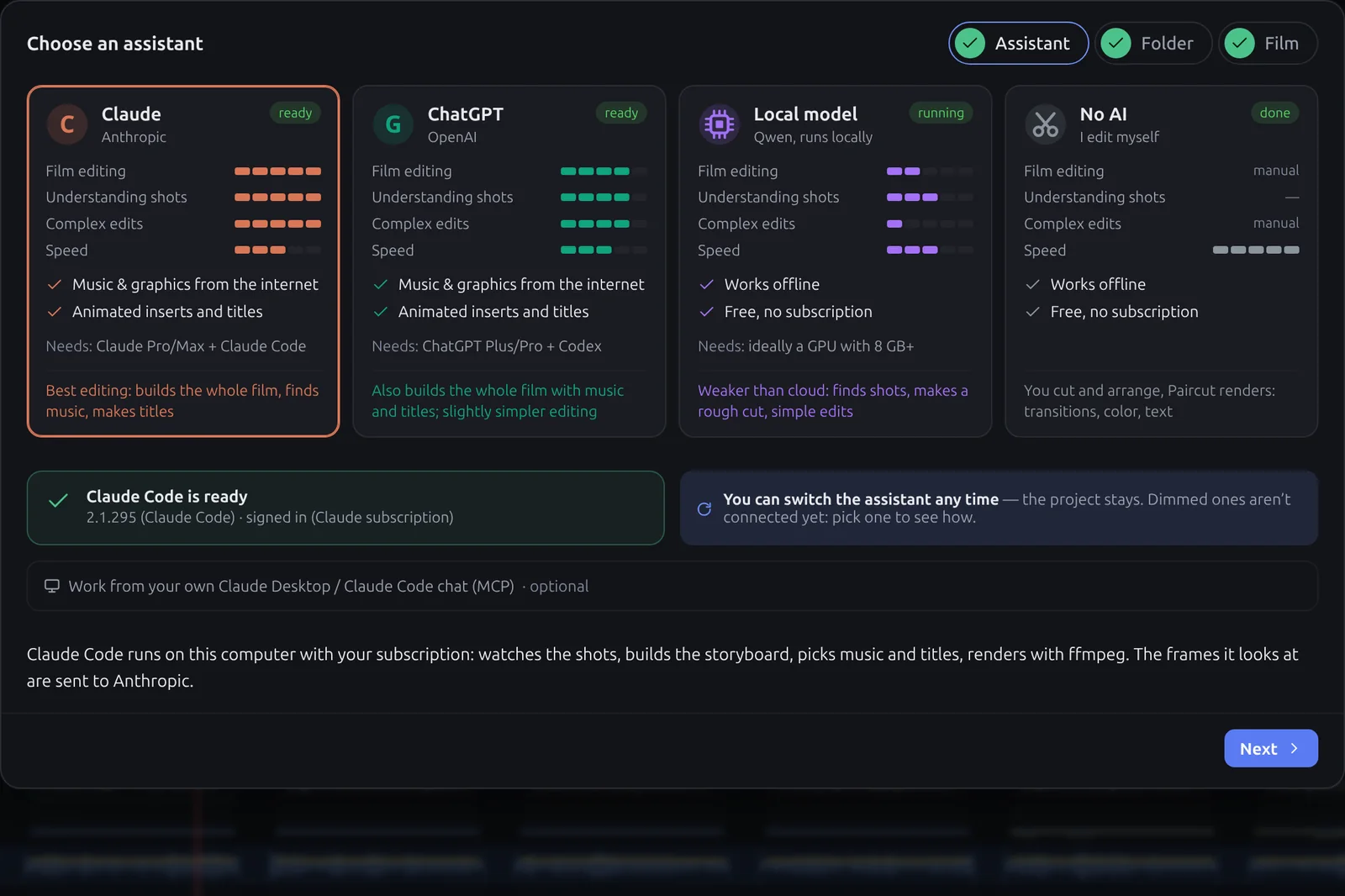 Paircut’s first-run screen: choosing between Claude, ChatGPT, a local model and no AI, with ratings for film editing, understanding shots, complex edits and speed.