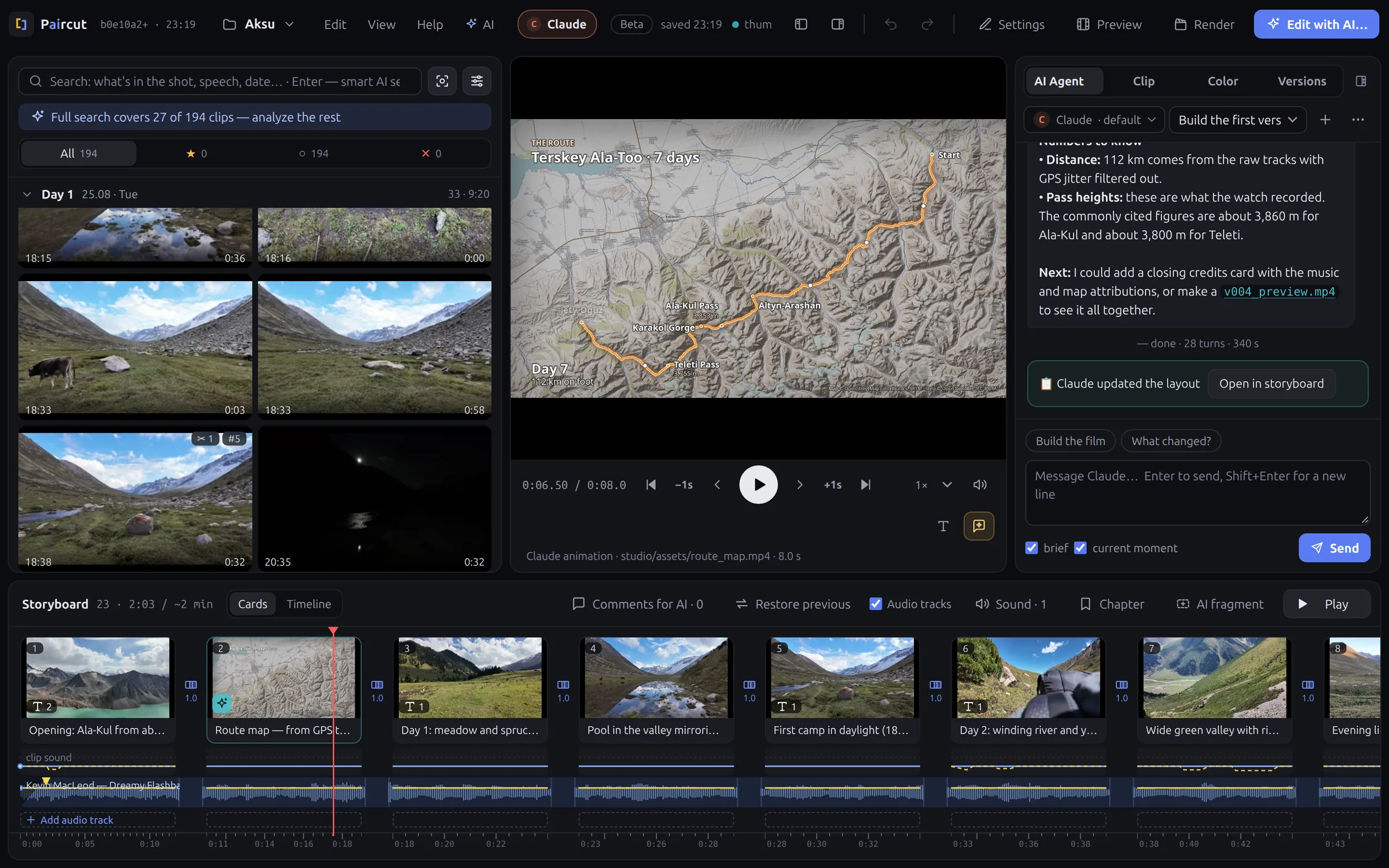 Paircut with a trek project open: footage sorted by day on the left, an animated route map in the player, Claude’s summary in the chat on the right, and the storyboard with captions and a music track along the bottom.