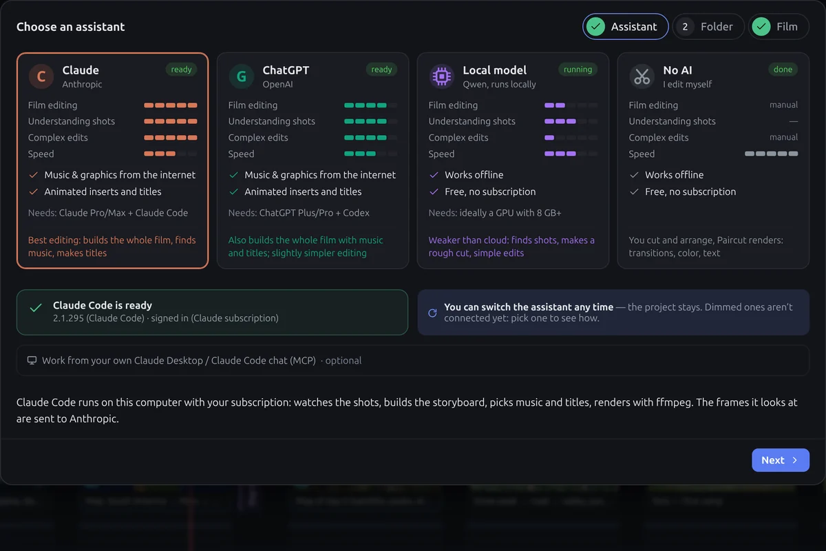 Choosing an assistant: Claude, ChatGPT, a local model, or no AI, with what each is good at.